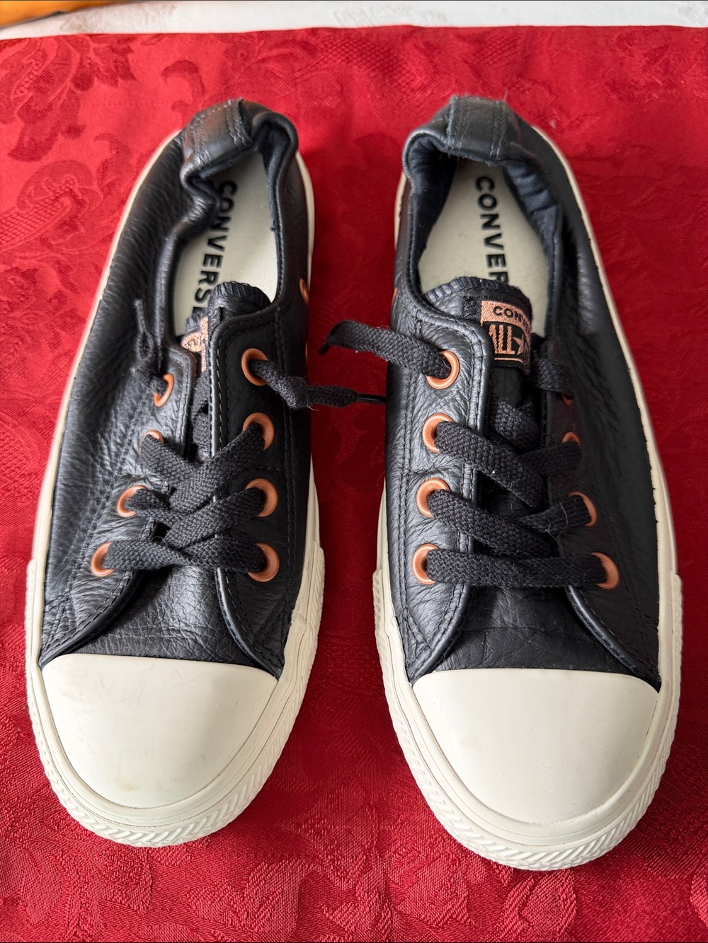 Converse Black Leather Sneakers with Cream Soles and Copper Eyelets